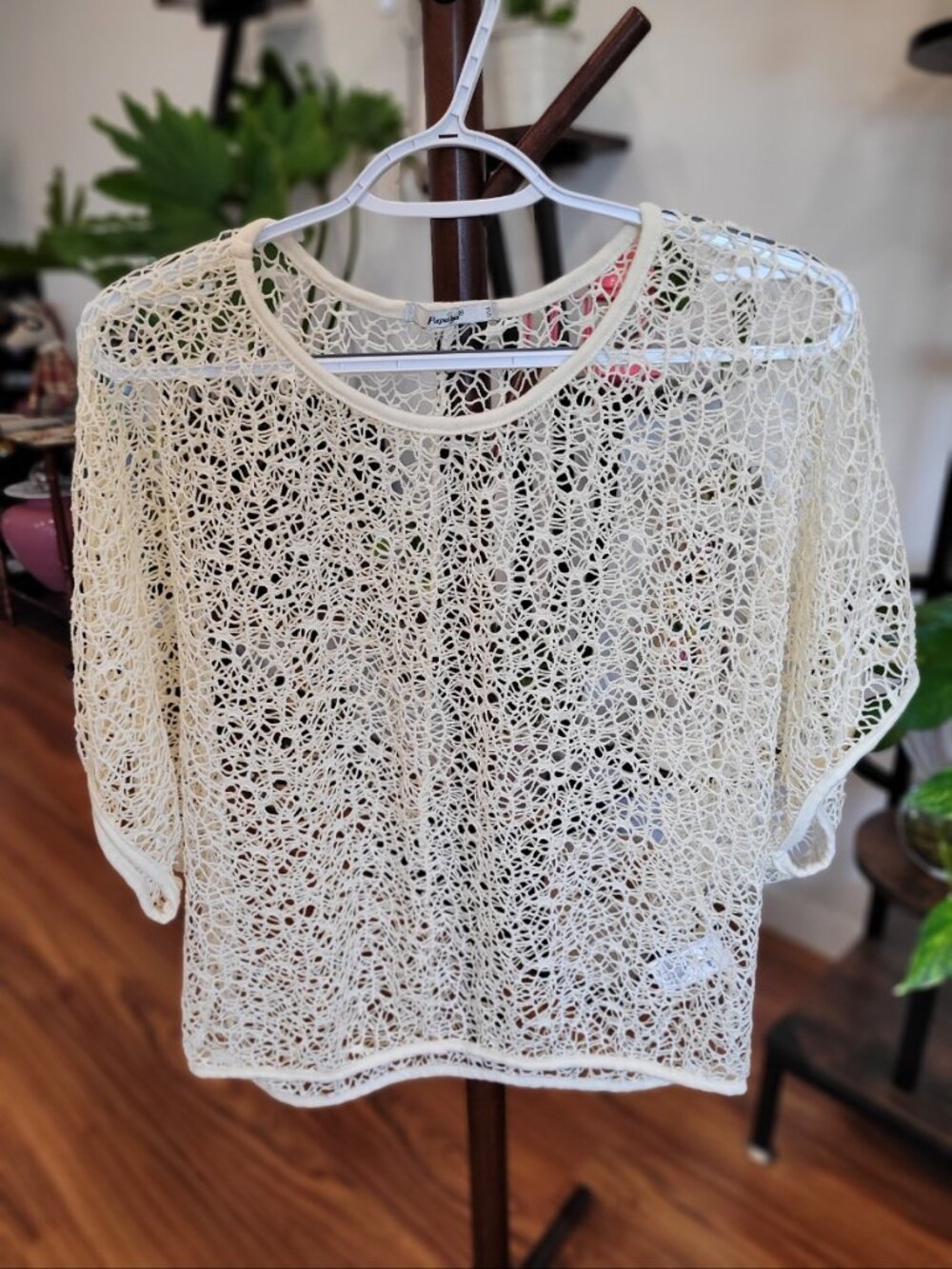 Papaya Cream Ivory Crochet Knit Sheer Mesh Short Sleeve Layering Top Coverup
